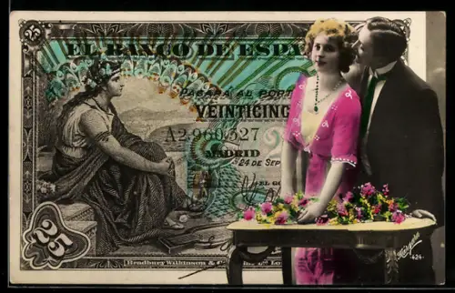 AK Spanischer Geldschein, 25 Pesetas, junges Paar an einem Tisch stehend
