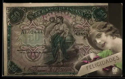 AK Spanischer Geldschein, 50 Pesetas, Porträt einer Dame