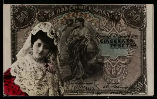 AK Spanischer Geldschein, 50 Pesetas, Elegante Dame mit Schleier