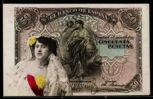 AK Spanischer Geldschein, 50 Pesetas, Elegante junge Dame mit Schleier