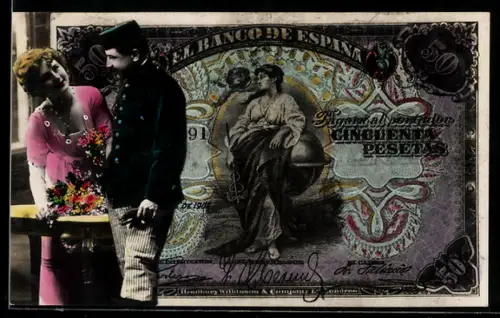 AK Spanischer Geldschein, 50 Pesetas, Soldat und junge Dame