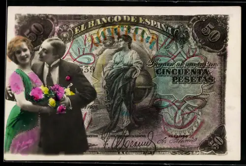 AK Spanischer Geldschein, 50 Pesetas, Elegantes Paar mit Blumenstrauss