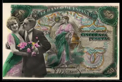 AK Spanischer Geldschein, 50 Pesetas, Junges Paar mit Blumenstrauss im Porträt
