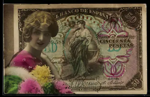 AK Spanischer Geldschein, 50 Pesetas, Porträt einer Dame mit Blumen