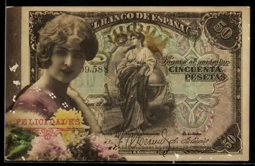 AK Spanischer Geldschein, 50 Pesetas, Elegante Dame mit Blumen