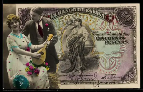 AK Spanischer Geldschein, 50 Pesetas, Junges Paar mit Laute