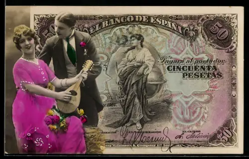 AK Spanischer Geldschein, 50 Pesetas, Junges Paar mit Laute und Blumen