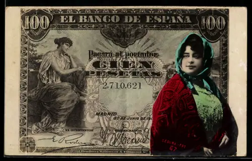 AK Spanischer Geldschein, 100 Pesetas, Dame mit Kopftuch
