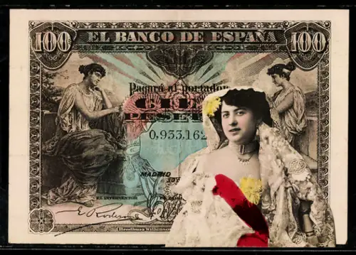 AK Spanischer Geldschein, 100 Pesetas, Elegante Dame mit Schleier