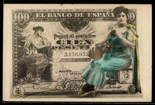 AK Spanischer Geldschein, 100 Pesetas, Elegante sitzende Dame
