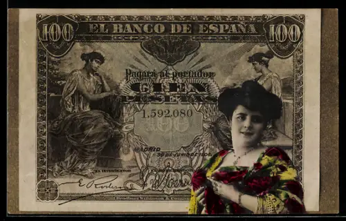 AK Spanischer Geldschein, 100 Pesetas, Porträt einer eleganten Dame