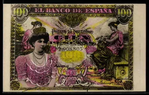 AK Spanischer Geldschein, 100 Pesetas, Porträt einer eleganten Dame
