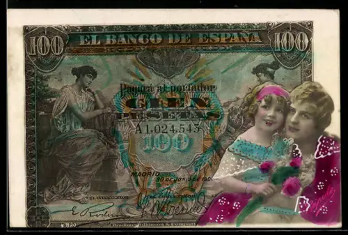AK Spanischer Geldschein, 100 Pesetas, Dame und Kind im Porträt