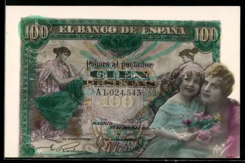 AK Spanischer Geldschein, 100 Pesetas, Dame mit Kind und Rosen