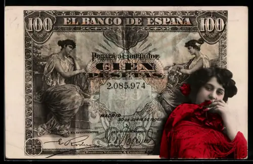 AK Spanischer Geldschein, 100 Pesetas, Elegante Dame mit rotem Schleier