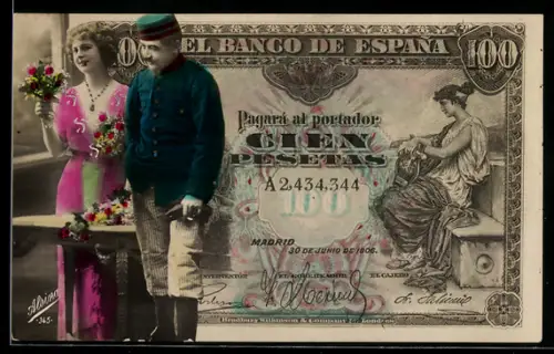 AK Spanischer Geldschein, 100 Pesetas, Soldat und junge Dame mit Blumen