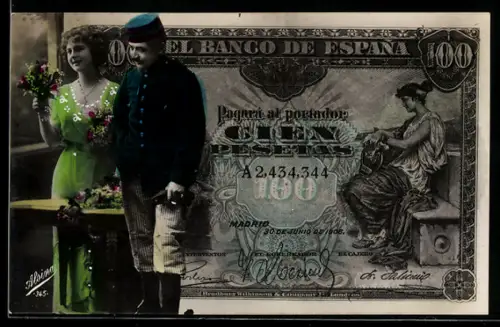 AK Spanischer Geldschein, 100 Pesetas, Junge Dame und Soldat mit Blumenstrauss