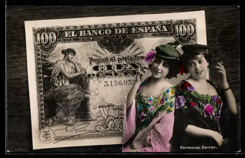 AK Spanischer Geldschein, 100 Pesetas, Zwei elegante Damen mit Zigaretten