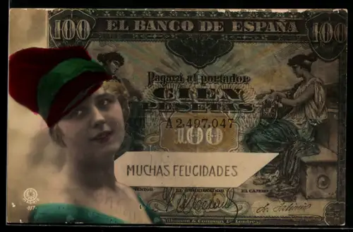 AK Spanischer Geldschein, 100 Pesetas, Elegante Dame mit Hut