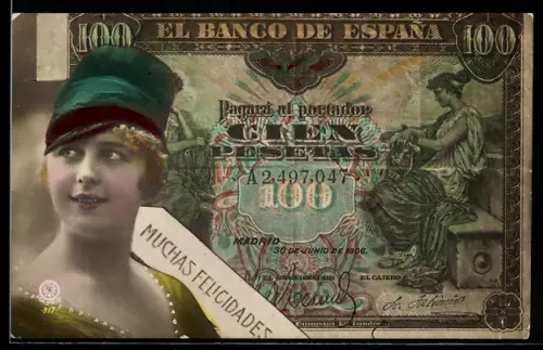 AK Spanischer Geldschein, 100 Pesetas, Dame mit elegantem Hut