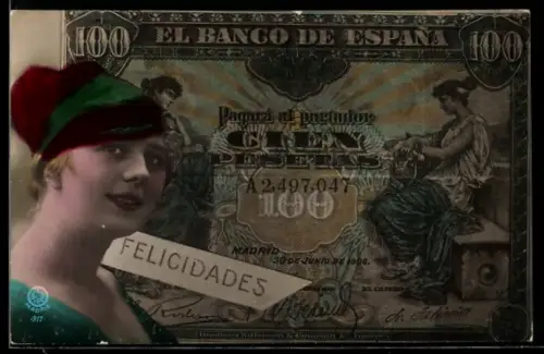 AK Spanischer Geldschein, 100 Pesetas, Porträt einer Dame mit elegantem Hut