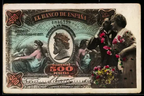 AK Spanischer Geldschein, 500 Pesetas, Elegantes junges Paar mit Rosen