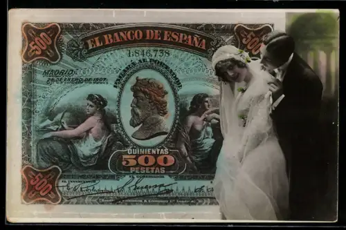 AK Spanischer Geldschein, 500 Pesetas, Junges Brautpaar im Porträt