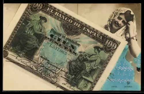 AK Spanischer Geldschein, 100 Pesetas, Elegante junge Dame mit Schleier