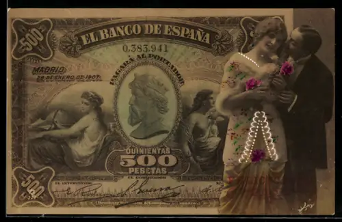 AK Spanischer Geldschein, 500 Pesetas, Elegantes Paar mit Rosen