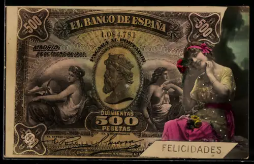 AK Spanischer Geldschein, 500 Pesetas, Elegante Dame mit Rosen im Porträt
