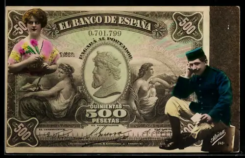 AK Spanischer Geldschein, 500 Pesetas, Soldat mit einem Brief, Dame mit Blumen