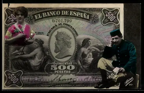 AK Spanischer Geldschein, 500 Pesetas, Dame mit Blumen, Soldat mit Brief