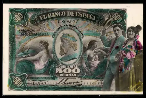 AK Spanischer Geldschein, 500 Pesetas, Elegantes Paar Arm in Arm im Porträt