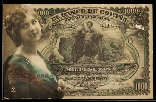 AK Spanischer Geldschein, 1000 Pesetas, Porträt einer lächelnden Dame