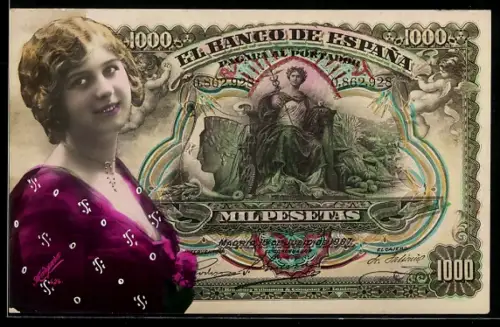 AK Spanischer Geldschein, 1000 Pesetas, Porträt einer eleganten Dame