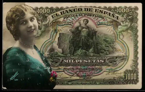 AK Spanischer Geldschein, 1000 Pesetas, Lächelnde Dame im Porträt