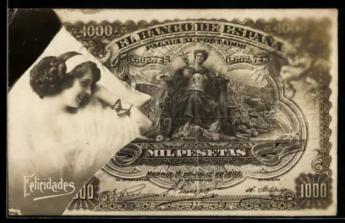 AK Spanischer Geldschein, 1000 Pesetas, Junge Dame mit Schmetterling