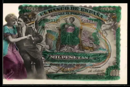 AK Spanischer Geldschein, 1000 Pesetas, Junges Paar auf einer Bank sitzend