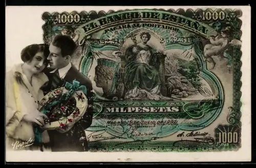 AK Spanischer Geldschein, 1000 Pesetas, Elegantes Paar mit Hufeisen