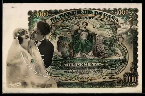 AK Spanischer Geldschein, 1000 Pesetas, Elegantes Brautpaar im Porträt