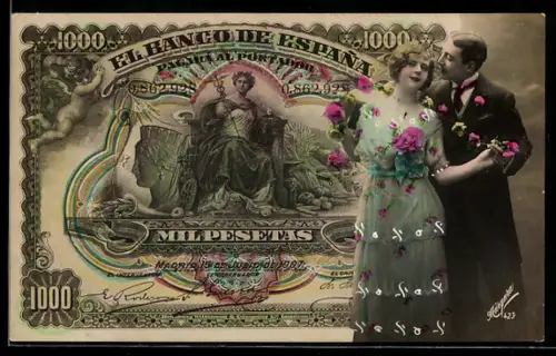 AK Spanischer Geldschein, 1000 Pesetas, Elegantes junges Paar mit Blumen