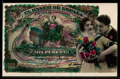AK Spanischer Geldschein, 1000 Pesetas, Paar mit Rosenstrauss im Porträt