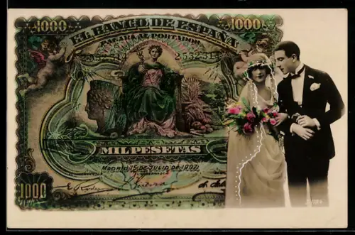 AK Spanischer Geldschein, 1000 Pesetas, Brautpaar mit Blumenstrauss