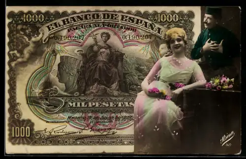 AK Spanischer Geldschein, 1000 Pesetas, Elegante Dame mit Blumen, Soldat