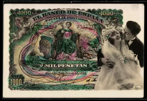 AK Spanischer Geldschein, 1000 Pesetas, Elegantes Brautpaar im Porträt