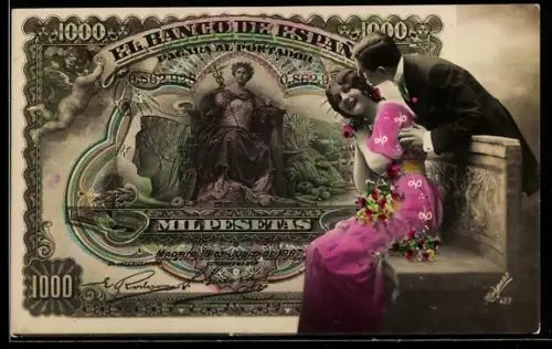 AK Spanischer Geldschein, 1000 Pesetas, Junges Paar an einer Bank