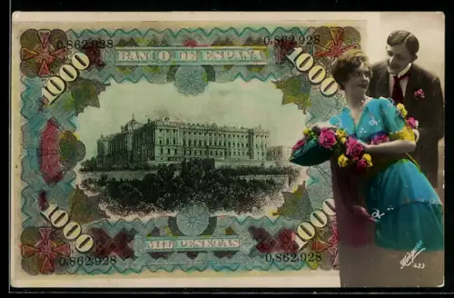 AK Spanischer Geldschein, 1000 Pesetas, Paar mit Blumenstrauss im Porträt