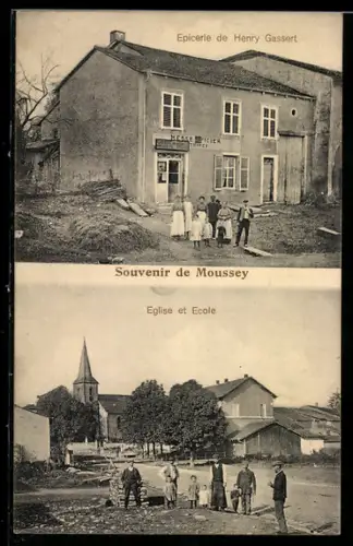 AK Moussey, Epicerie de Henry Gassert, Eglise et Ecole