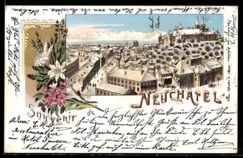 Winter-Lithographie Neuchâtel, Ortspanorama mit Kirche, Blumen im Passepartout