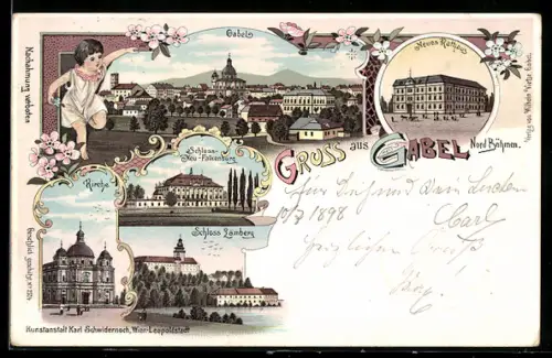 Lithographie Gabel /Nord Böhmen, Schloss Neu-Falkenburg, Neues Rathaus, Schloss Lämberg, Kirche